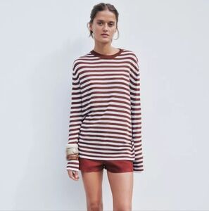 NWT Zara Rustic Knit Striped Ecru/Maroon   Women's Sweater Size Small